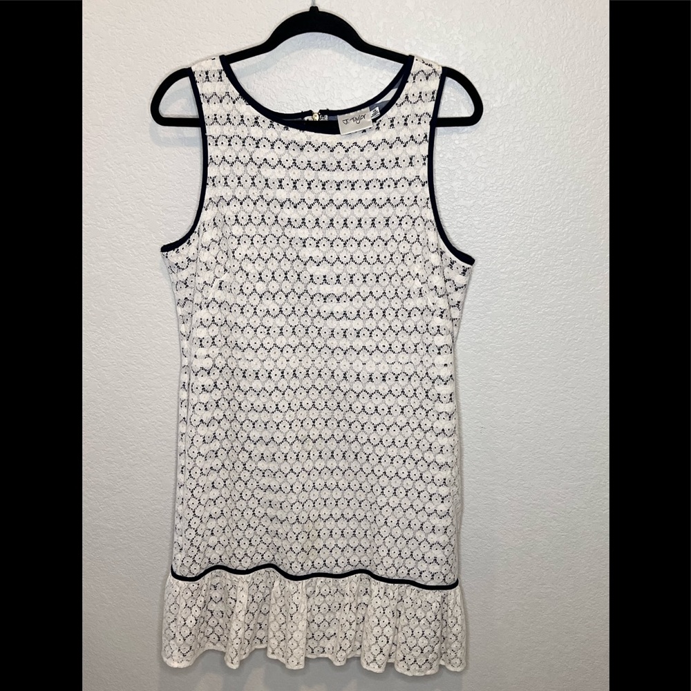 J. TAYLOR -  Nautical Style Blue & White Lace, Stripped Ruffle Dress Sz14